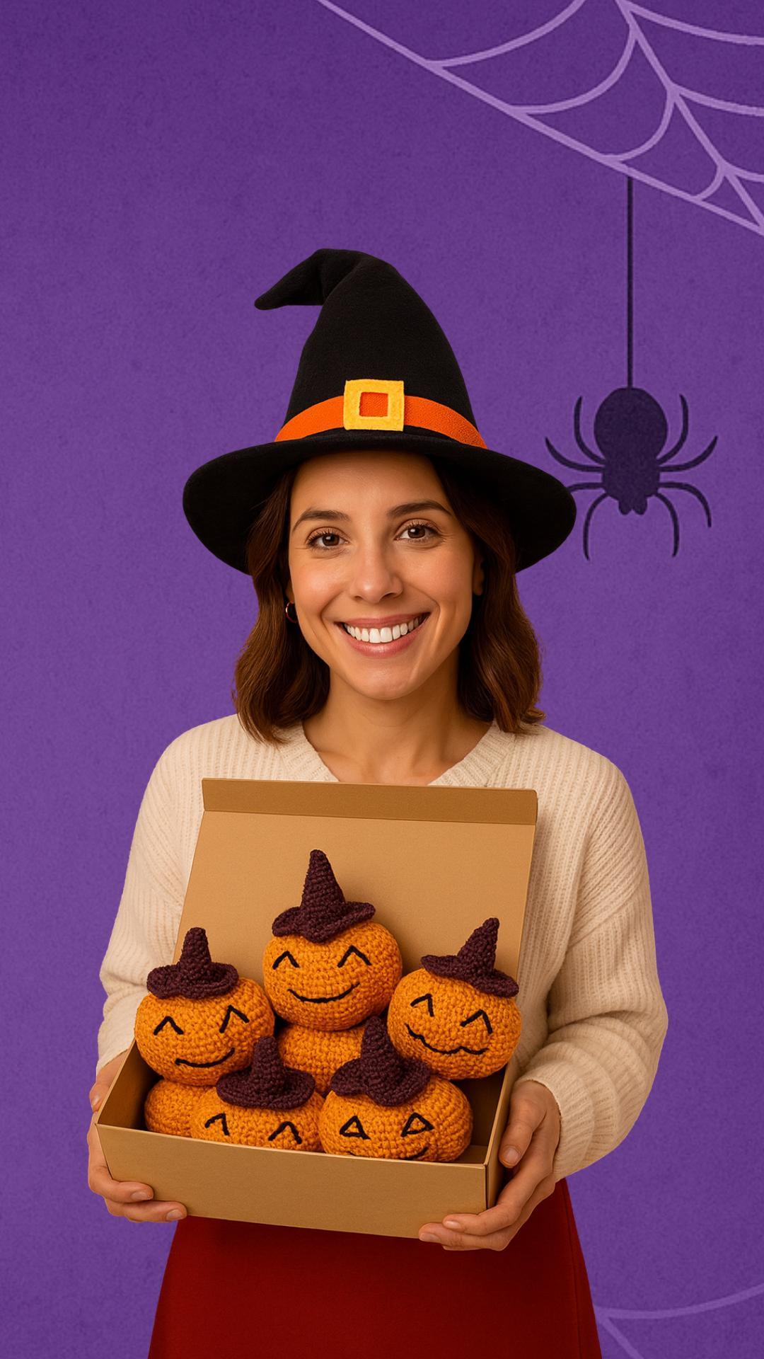 Mulher segurando amigurumis de halloween