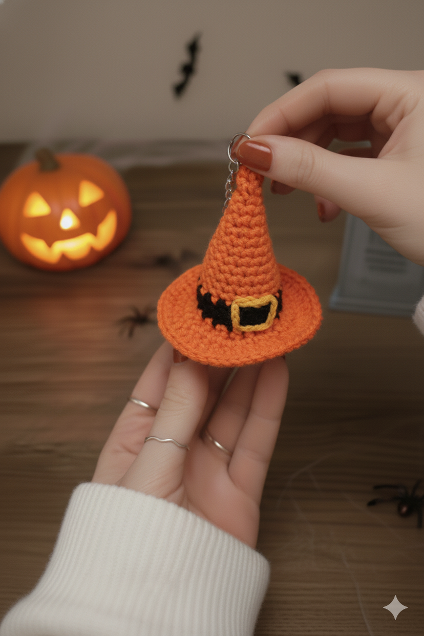Chaveiro de Amigurumi: Abóbora com Chapéu